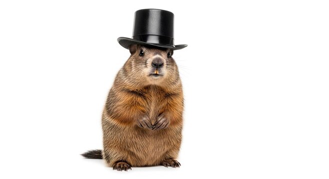 A groundhog standing upright wearing a black top hat against a plain white background in a studio shot