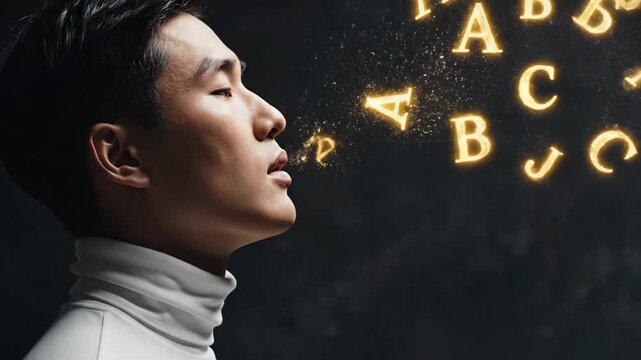 Profile view of a young asian man with closed eyes exhaling a stream of glowing golden letters and particles, symbolizing the power of words, communication, and creative expression