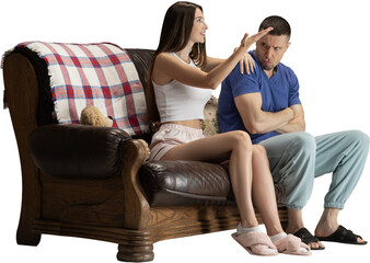 Obraz premium Couple sitting on sofa having emotional conversation with expressive gestures on transparent background. Concept of communication visuals, relationship tension, and lifestyle storytelling.