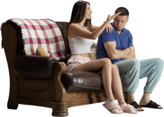 Couple sitting on sofa having emotional conversation with expressive gestures on transparent background. Concept of communication visuals, relationship tension, and lifestyle storytelling.