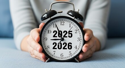 Hands holding a clock face, visually marking the critical, upcoming change from the year 2025 to 2026.
