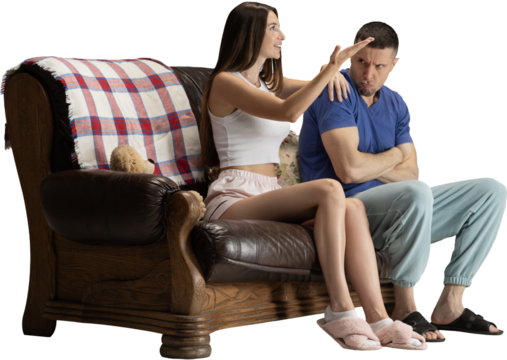 Couple sitting on sofa having emotional conversation with expressive gestures on transparent background. Concept of communication visuals, relationship tension, and lifestyle storytelling.