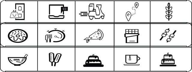 A collection of fifteen bold black and white outline icons representing various culinary themes and services. Includes symbols for food ordering, delivery (scooter), fast meal preparation, location.