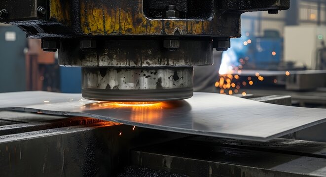 Close up of industrial welding machine cutting metal with sparks flying in a factory setting