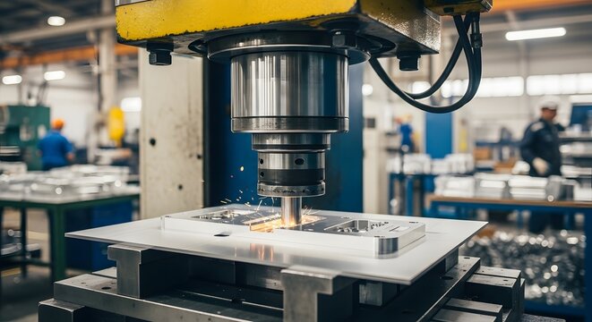 A cnc milling machine cutting metal with sparks flying in a factory setting with workers visible