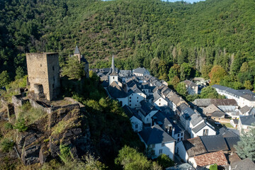 Esch-sur-Sure, Wiltz, Grand-Duche de Luxembourg, September 07, 2025, Hilltop fortress panorama, Vantage from ancient hilltop stronghold, Scenic aerial perspective of historic hill fortress