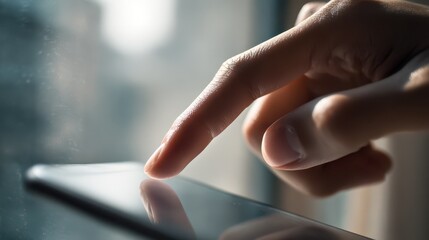 Human-device interaction: hand and smartphone with finger on glass surface