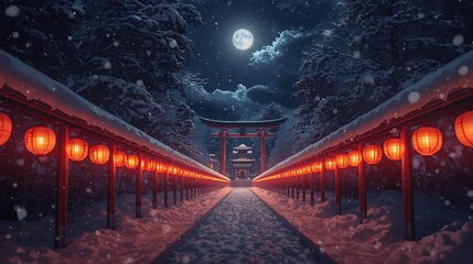 A moonlit snowy street lined with red torii gates and glowing lanterns.
