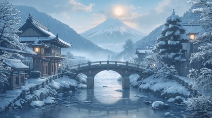 A wooden bridge crossing a frozen river in a quiet winter forest