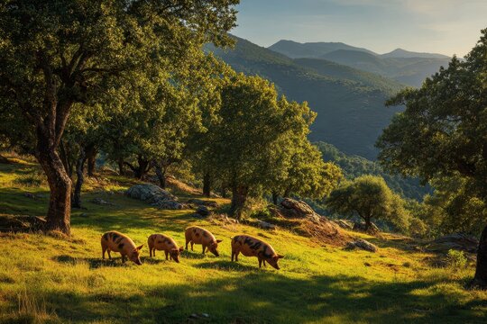 Iberian pigs grazing in a sunlit meadow with oaks and rolling hills