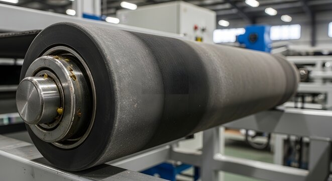 Close up of a large industrial roller with visible bearings on a metal conveyor belt system indoors