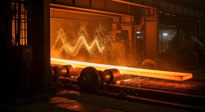 Hot metal bar moving through industrial machinery with sparks flying in a dark factory setting