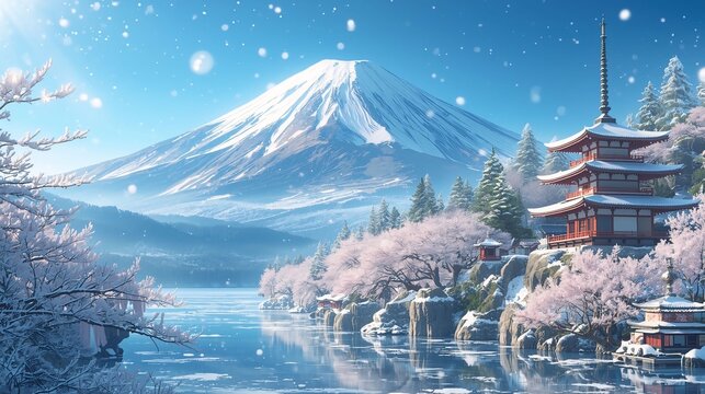 A tranquil frozen lake reflecting snowy mountains and winter forest. - Powered by Adobe