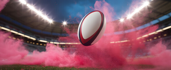 Rugby Ball Soaring: A rugby ball suspended mid-air against a backdrop of stadium, surrounded by a cloud of pink smoke, capturing the essence of action, speed, and excitement.