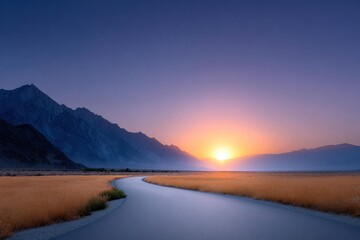 Road to Horizon: An inviting road winds through a serene landscape, leading the viewer towards a vibrant sunset illuminating the vast sky, promising endless possibilities and new beginnings.