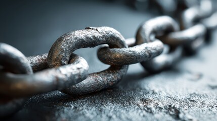 Interlocking metal chain in sharp focus with reflective surfaces and moody lighting