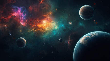 Colorful deep space scene featuring planets surrounded by glowing nebulas.