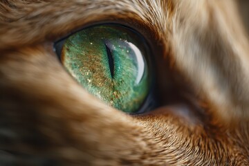 Intimate close-up of a feline eye showcasing vibrant green iris and reflective highlights