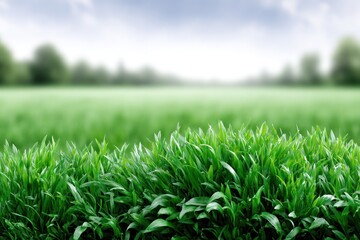 Fototapeta premium Lush Green Landscape: A close-up of vibrant green grass blades, stretching towards a blurred, expansive field and a serene sky in the distance, evoking feelings of freshness and tranquility.