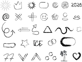 Hand drawn grunge doodle set of various symbols and shapes collection