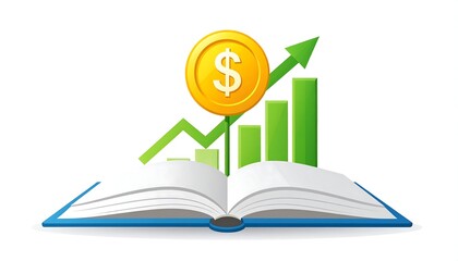 Green bar graph, arrow, and coin above a book. Depicts financial growth from learning or understanding info