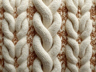 Textured Knit Pattern in Cream and Brown Tones with Intricate Cable Design