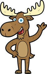 Cheerful cartoon moose waving with a friendly smile and large antlers.