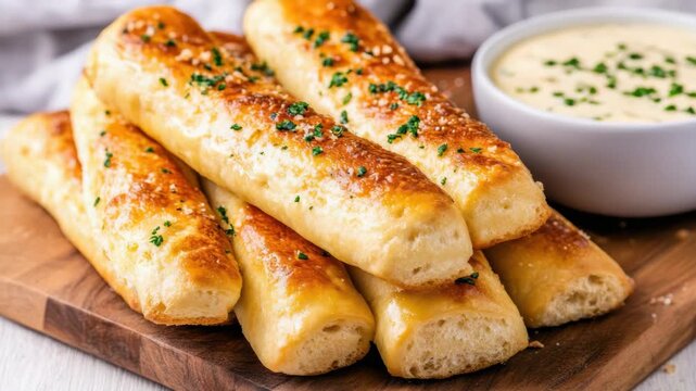 Buttery garlic breadstick with herb butter, parsley and creamy dipping sauce appetizer