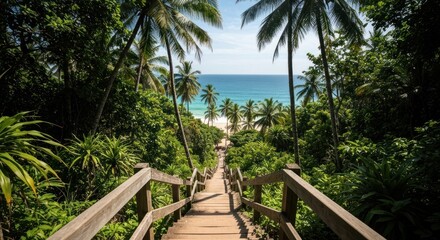 Wooden stairs lead through lush jungle to a white sandy beach, turquoise sea, and palm trees