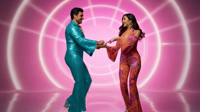 Energetic couple wearing colorful 70s style jumpsuits performing a disco dance routine on a reflective floor with a bright pink and white neon light background, celebrating at a retro party