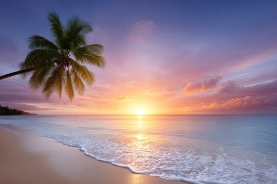 Tropical Dawn's Embrace: Witness the tranquil beauty of a tropical beach as the sun ascends over the horizon, painting the sky with vibrant hues, embraced by a solitary palm tree. - Powered by Adobe