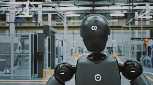 Close Up of Android Face, Robotics and Machine Vision in Industry. Androids Head and Torso, Showing Its Sensor Eyes, Standing in Active Factory Environment. Machine Vision and Advanced Robotics Design