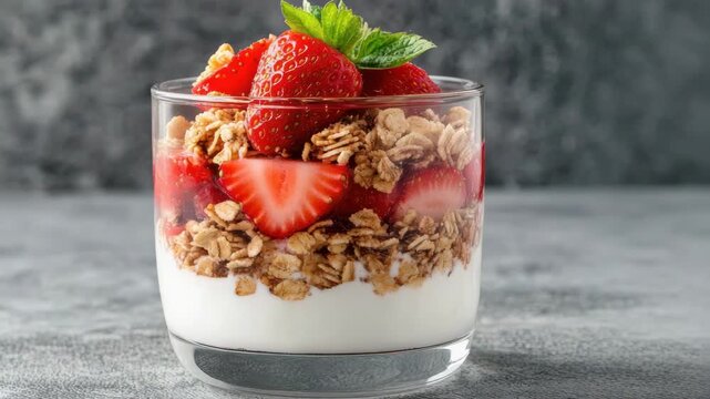 Strawberry granola parfait with creamy yogurt, fresh mint garnish in glass breakfast parfait