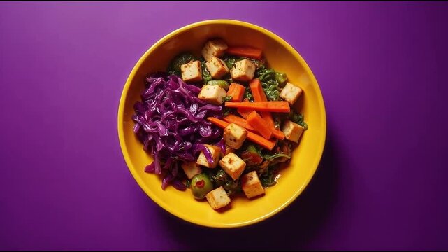 Bowl vegano con tofu, col morada y vegetales salteados