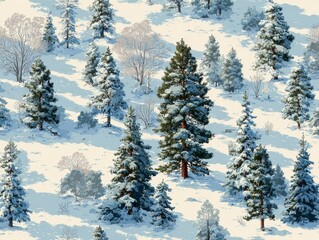 Obraz premium Winter Wonderland Landscape with Snow-Covered Pines under Bright Blue Sky