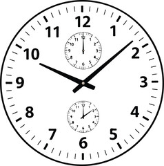 Closeup of a white clock face with two smaller clocks displaying time and details.