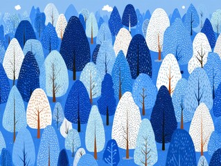 Winter Wonderland with Abstract Trees in Shades of Blue and White