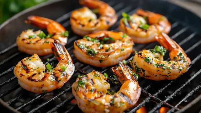 Grilled shrimp skewers with garlic herb glaze sizzling over charcoal barbecue seafood feast