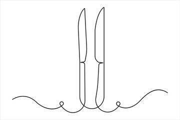 One continuous line art drawing of knife set design. Single line art of food tools for restaurant menu, poster or banner in linear minimalist design vector illustration
