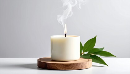 Burning candle on wood with leaves, delicate smoke trails