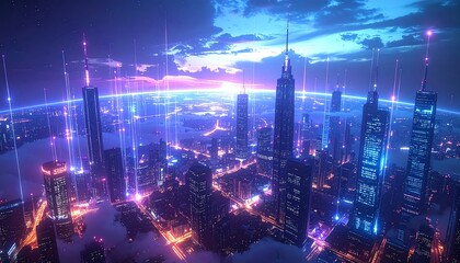 Ultra-futuristic global communication grid with floating holographic satellites, quantum data streams in glowing lines, interconnected smart cities beneath, soft neon blues and purples, high-tech sci-