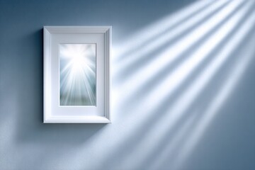 Shining Art: A lone, pristine picture frame hangs on a plain wall, illuminated by radiant light, the artwork within amplifying the sense of brightness and serenity. 