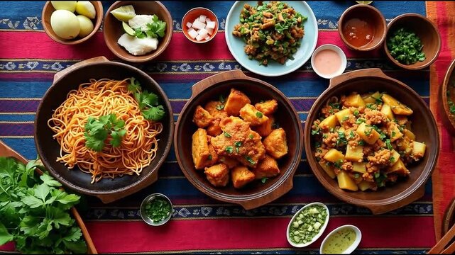 Banquete tradicional con fideos, papas, guarniciones y salsas variadas