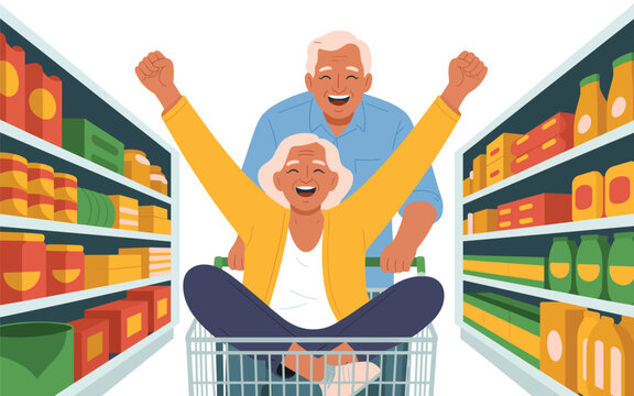 Elderly Couple Joyfully Shopping Together in a Supermarket Aisle