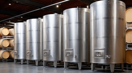 In a contemporary winery, sleek stainless steel fermentation tanks stand in rows, ready for the winemaking process. Wooden barrels add a rustic charm to the scene, blending tradition and innovation