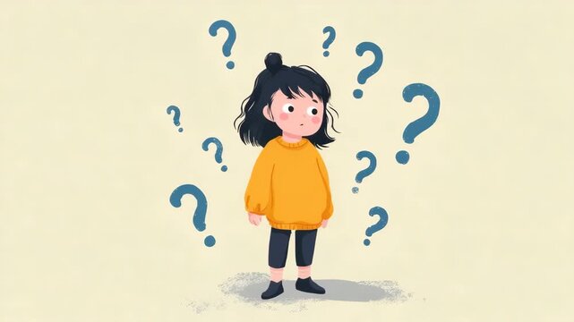 little girl stands amidst question marks illustrated animation