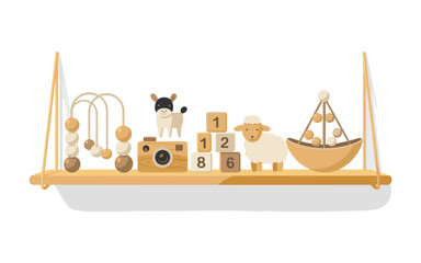 Fototapeta premium Wooden Toys and Baby Gear Displayed on a Shelf