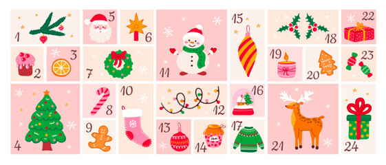 Design of Christmas advent calendar with holiday winter items. Xmas vector illustration with numbers and gifts, cute Santa, snow