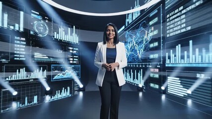 Confident female financial analyst presenting business strategy and stock market trends on a large digital screen during a technology conference, showcasing real time data and interactive charts - Powered by Adobe