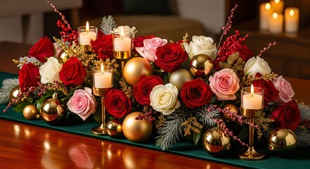 Romantic Christmas candle centerpiece with pink and red roses, pine branches, gold ornaments, evening bokeh lights, elegant festive decoration.
